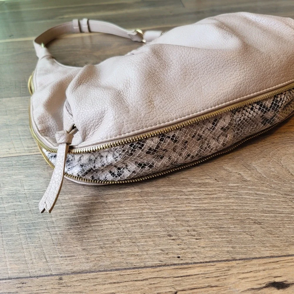 Blush Pink Pleated Hobo Bag Snakeskin Expandable Bottom Tassel Shoulder Bag